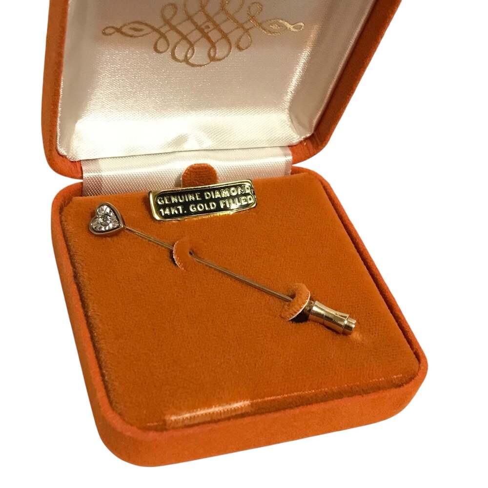 Vintage Genuine Diamond 14kt Gold Filled Heart Stick Pin NOS IOB